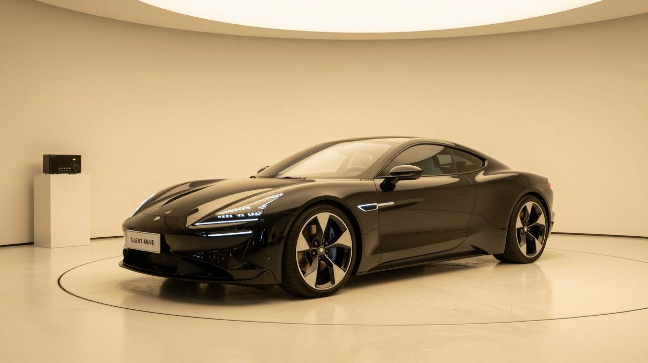 Sleek black electric sports car displayed in a modern showroom with circular lighting above.