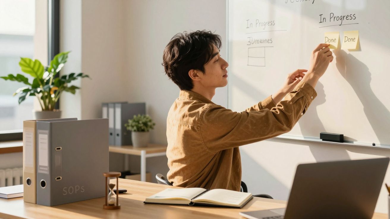Person placing sticky notes on whiteboard in office with desk, files, notebook, and hourglass.
