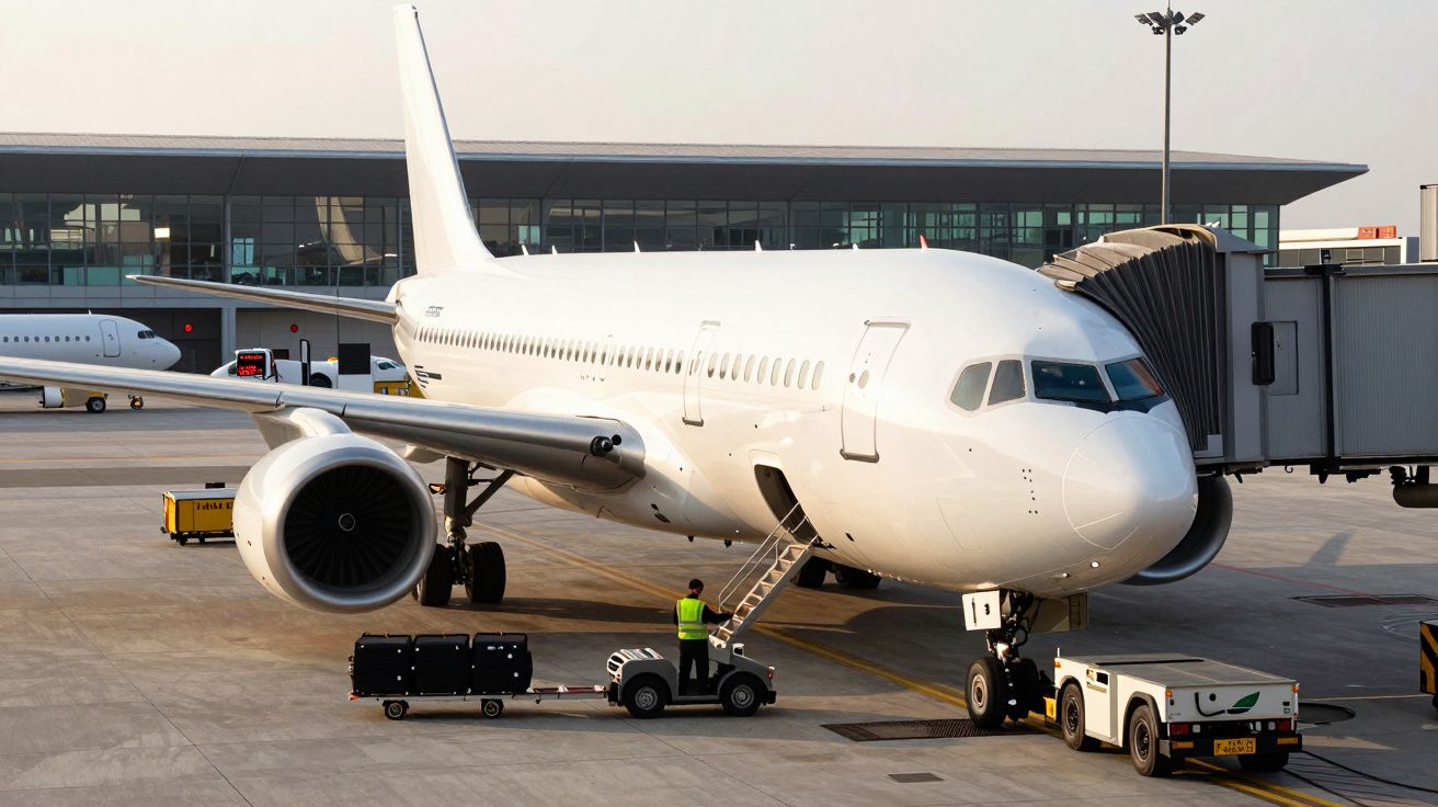 Airplane at airport gate with boarding bridge, baggage carts, and staff unloading luggage. Terminal building in background.