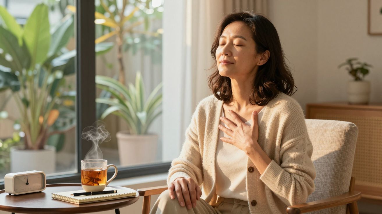 Woman sitting by window, eyes closed, hand on chest, with a steaming cup of tea on the table, surrounded by plants.
