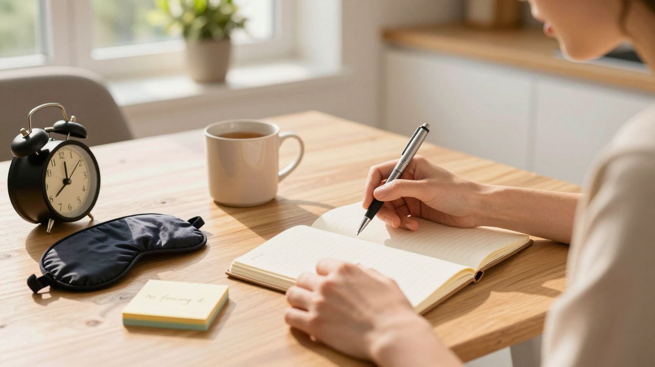 Person writing in a notebook at a wooden table with a mug, alarm clock, sleep mask, and sticky notes nearby.