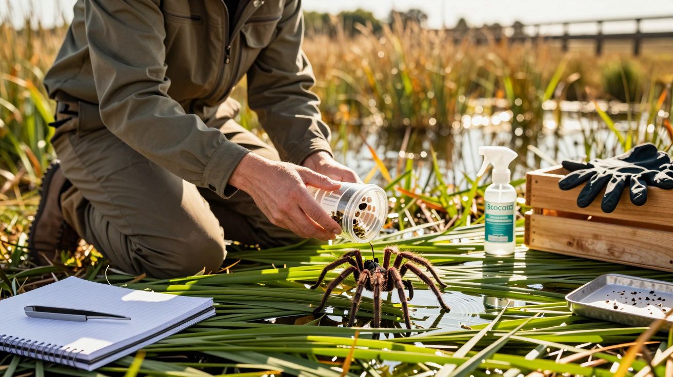 Person releases large spider onto water plants, with a notebook, gloves, and pesticide spray nearby in a wetland area.