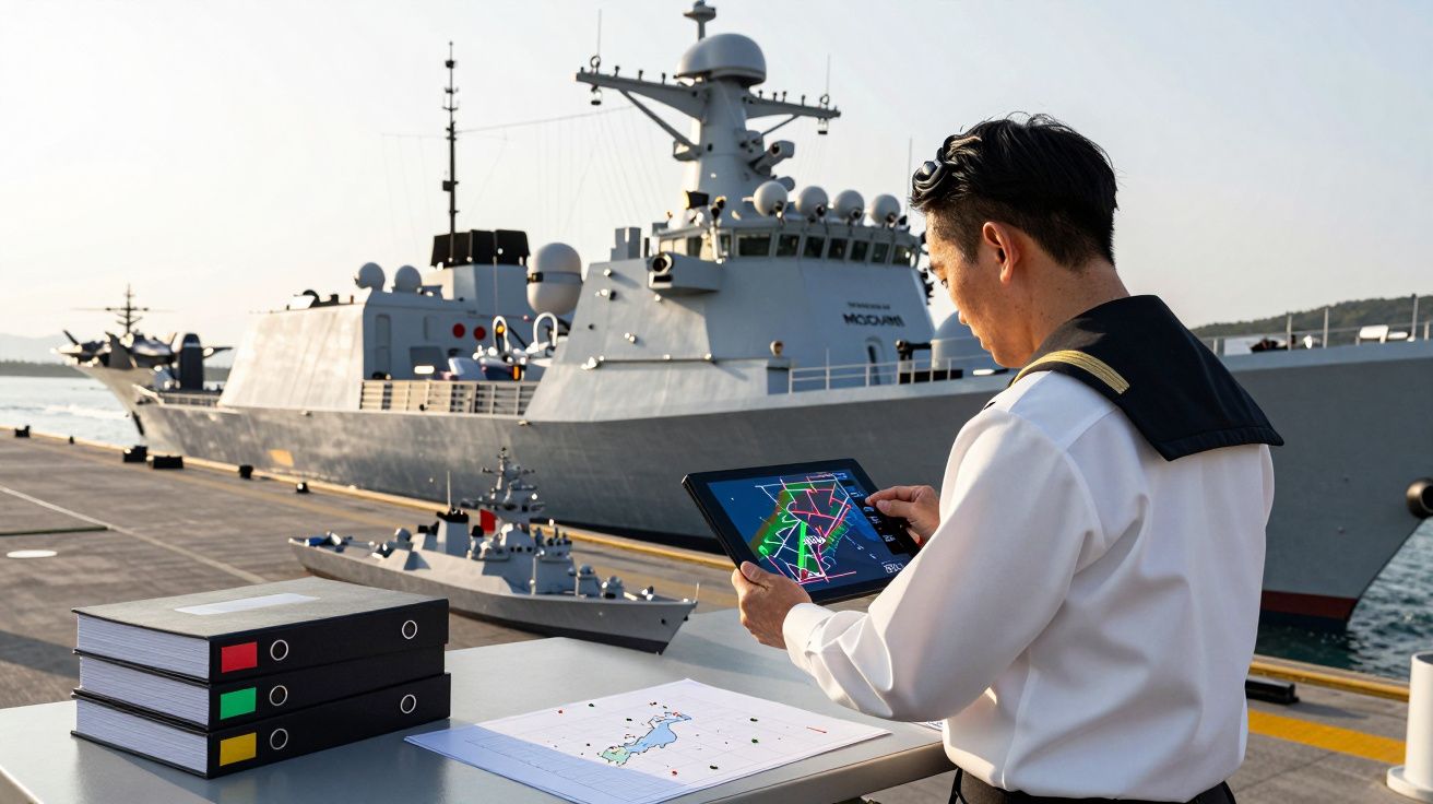 Sailor using a tablet for navigation planning on a docked naval ship.