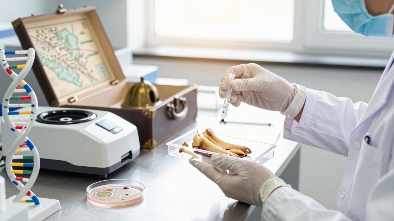 Scientist in lab coat handling historical artefact with tweezers, surrounded by DNA model and microscope.