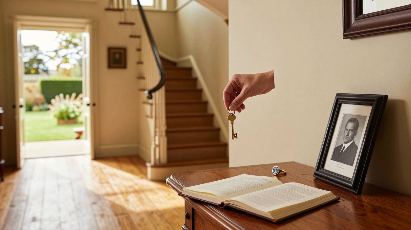 Hand holding a key above an open book on a table, with a framed photo and staircase in the background.