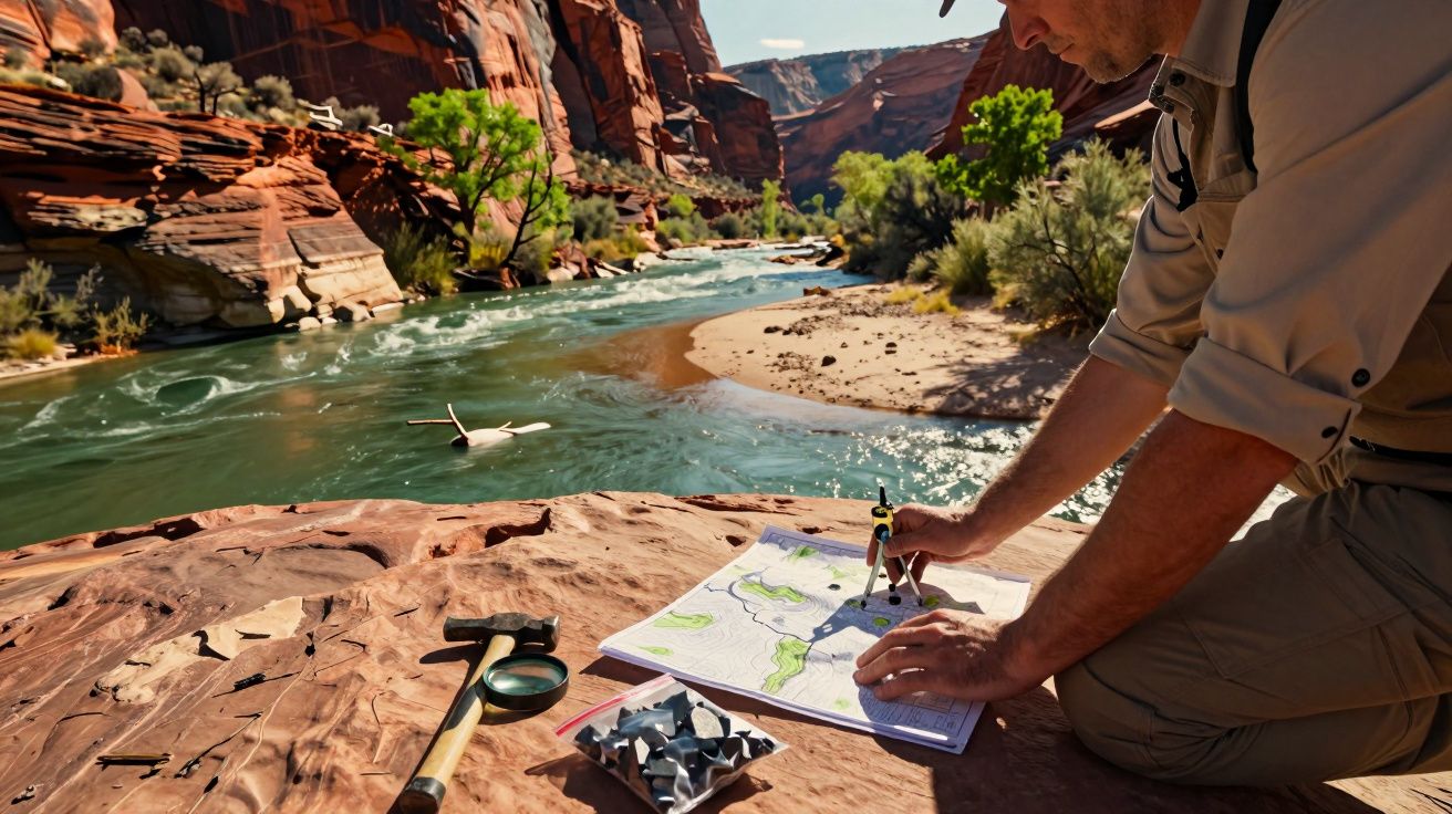 Explorer studies map by river in red rock canyon, with compass and tools.