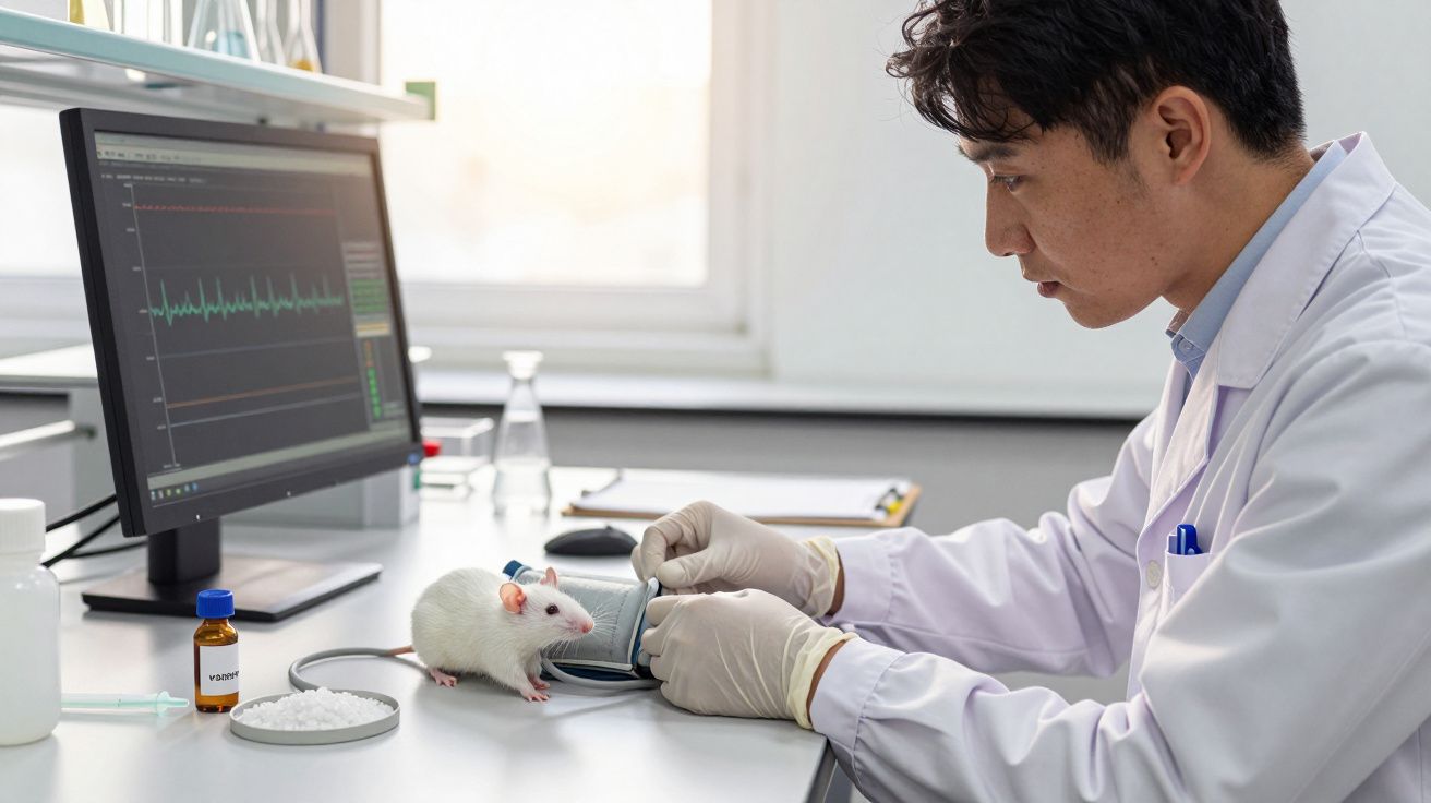 Scientist in lab coat examining a white lab rat on desk with medical equipment and computer displaying data graphs.