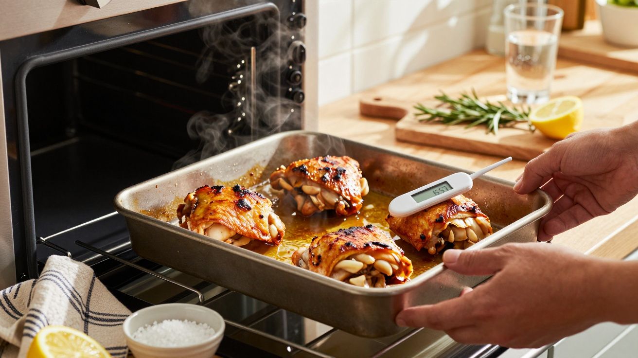 Person checking roasted chicken with a thermometer in a baking tray, next to an open oven, kitchen herbs in the background.