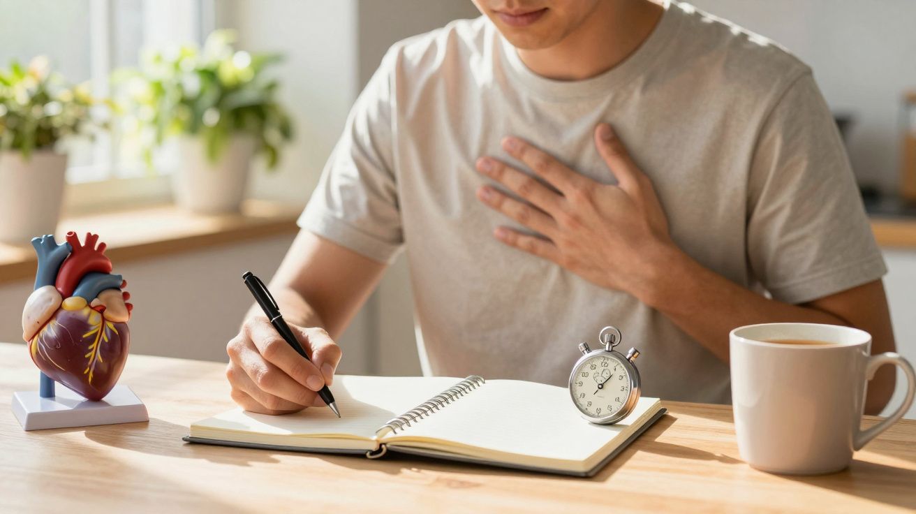 Person writing with a model heart, stopwatch, and mug on the table, hand on chest, in a sunlit room with plants.
