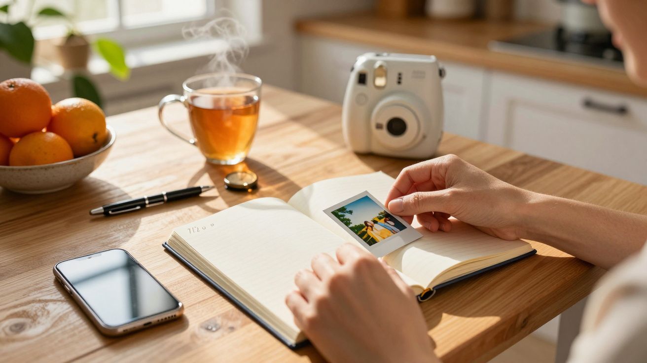 Person holding a photo at a wooden table with a notebook, tea, smartphone, and a bowl of oranges.