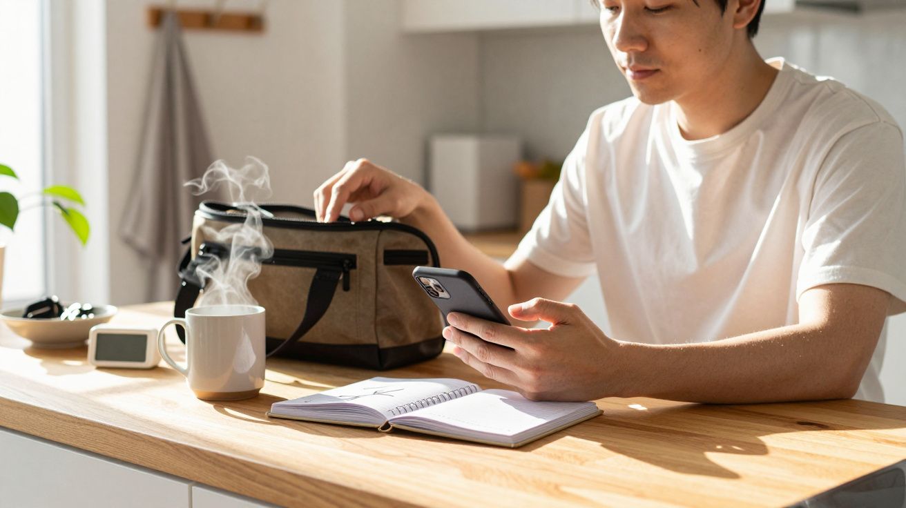Man in white shirt sits at kitchen table, checks phone, with open notebook, steaming mug, and lunch bag.