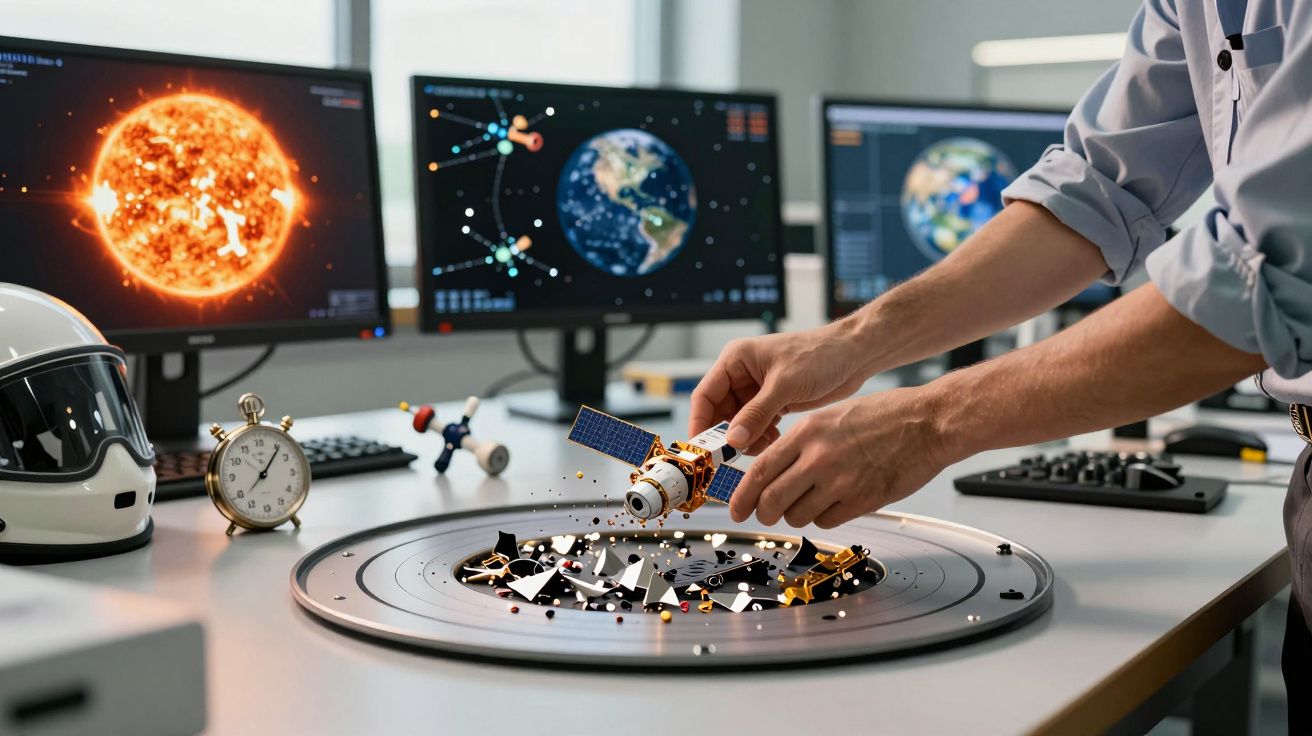 Person adjusting satellite model on table, with solar system images on monitors in a tech-filled office space.