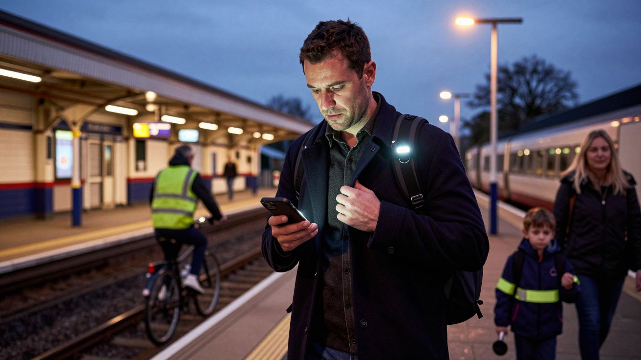 Man checking phone on train platform; evening scene with cyclists and passengers.