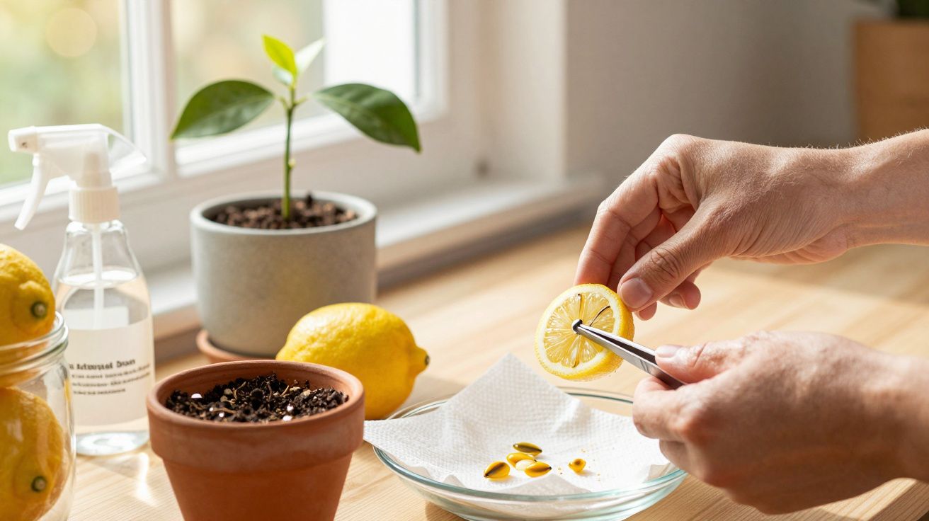 Person extracting lemon seeds at a wooden table with a potted plant, spray bottle, and lemons in the background.