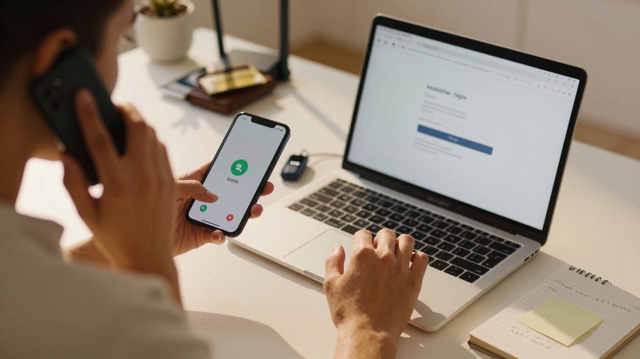 Person on phone holding smartphone with incoming call, working on a laptop at a desk with papers and a plant nearby.