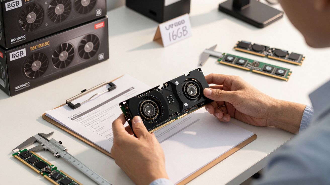 Person examining a graphics card at a desk with a clipboard, measuring tools, and graphics card boxes in the background.