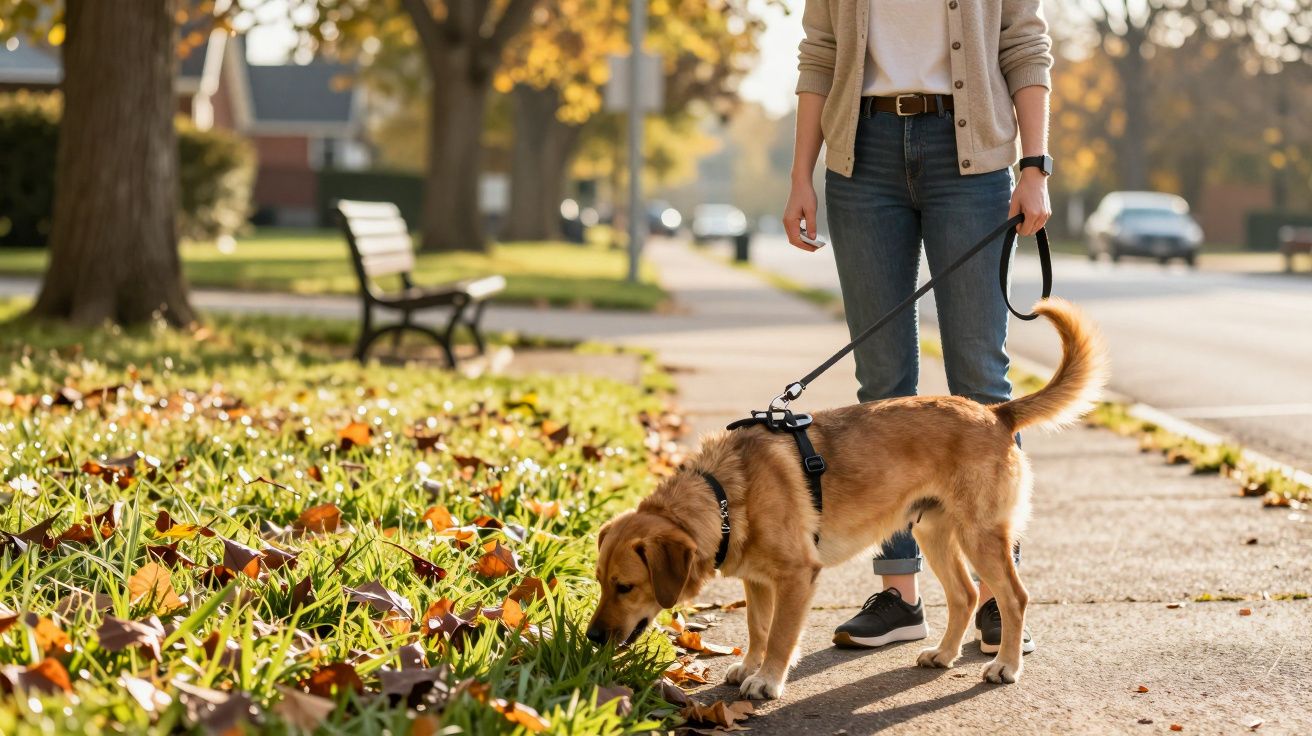 Person walking a dog on a lead, with the dog sniffing grass beside a pavement lined with autumn leaves.