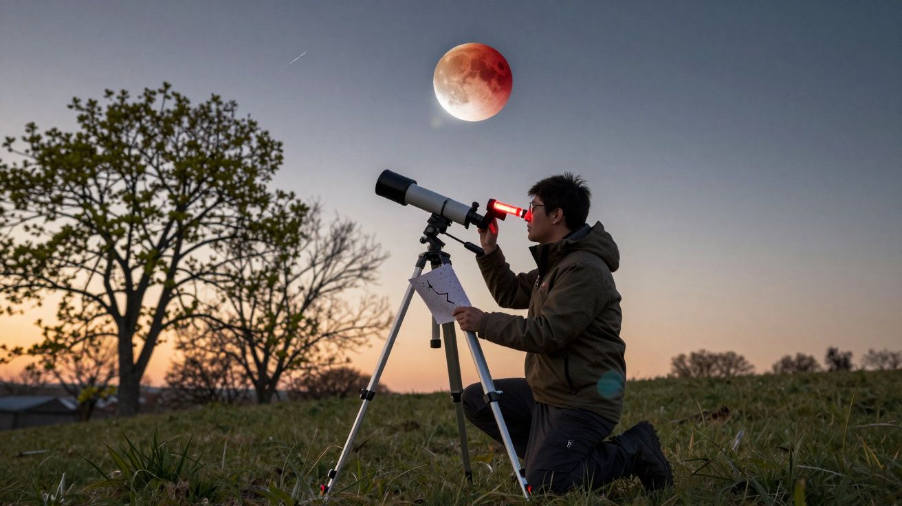 Man kneeling with telescope observes lunar eclipse in field at dusk, with trees in the background.