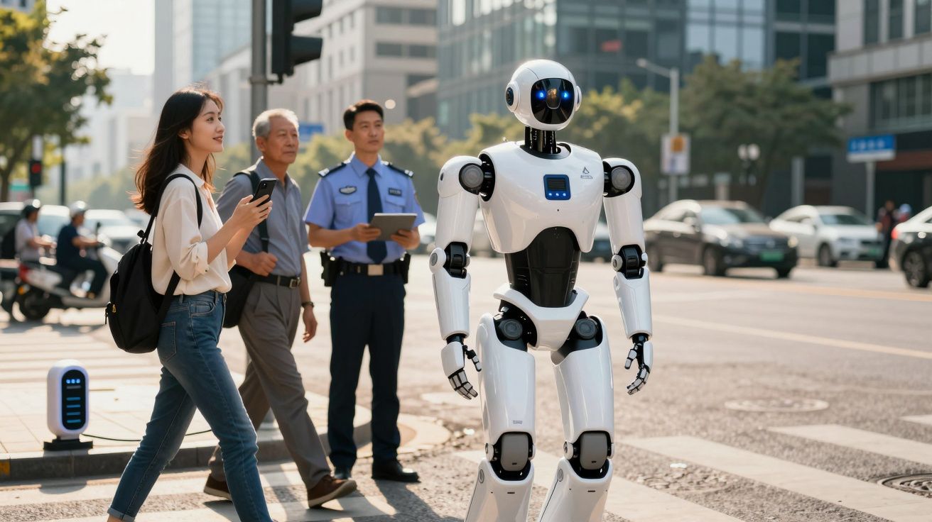 Robot and pedestrians at a city crosswalk, with a police officer observing nearby, under clear skies.