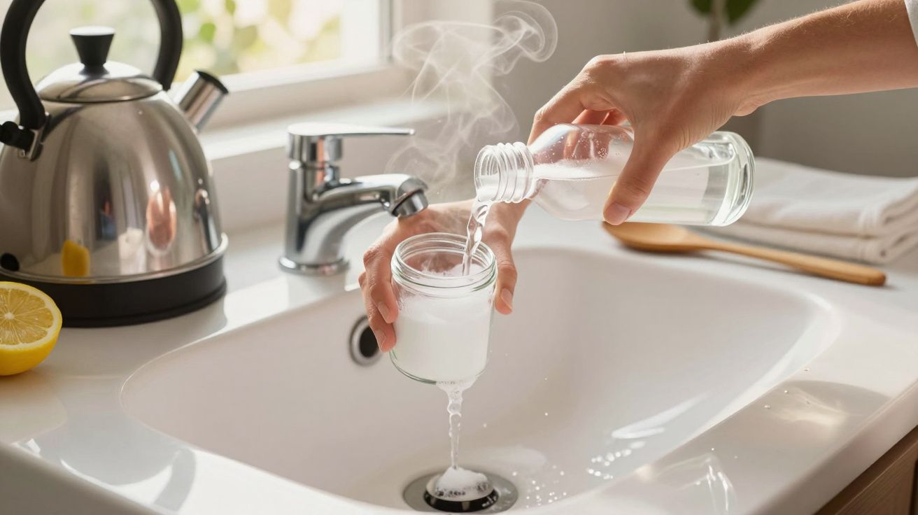 A person pours hot liquid from a bottle into a steaming sink; a kettle and lemon are on the countertop.