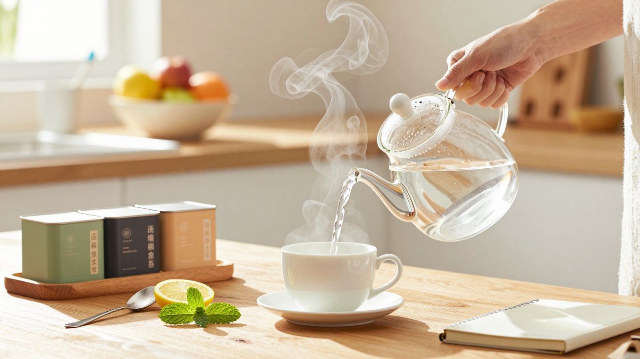 Person pouring hot water from glass kettle into teacup on a wooden table, with lemon, mint, and tea boxes nearby.