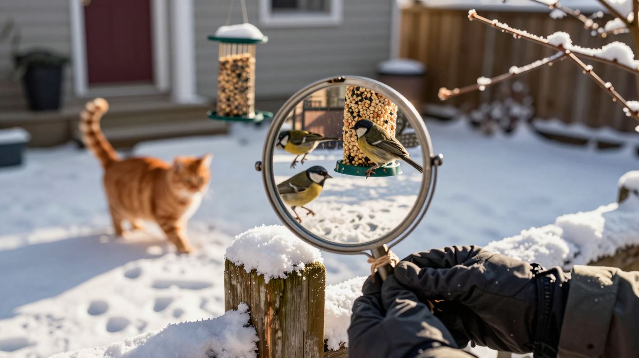 Gloved hand holds magnifying glass, focusing on birds at feeder, with a ginger cat in snowy garden background.