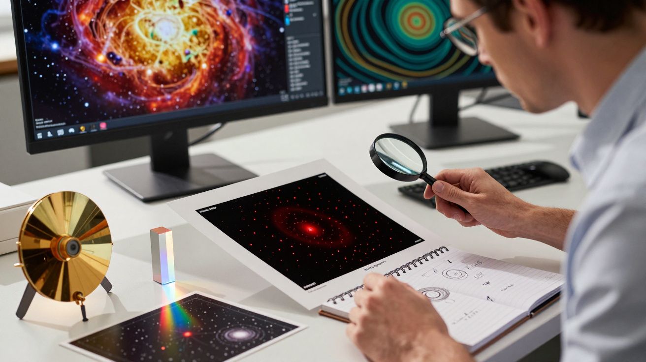 Scientist examining images of galaxies with a magnifying glass at a desk, with two computer monitors displaying cosmic visual