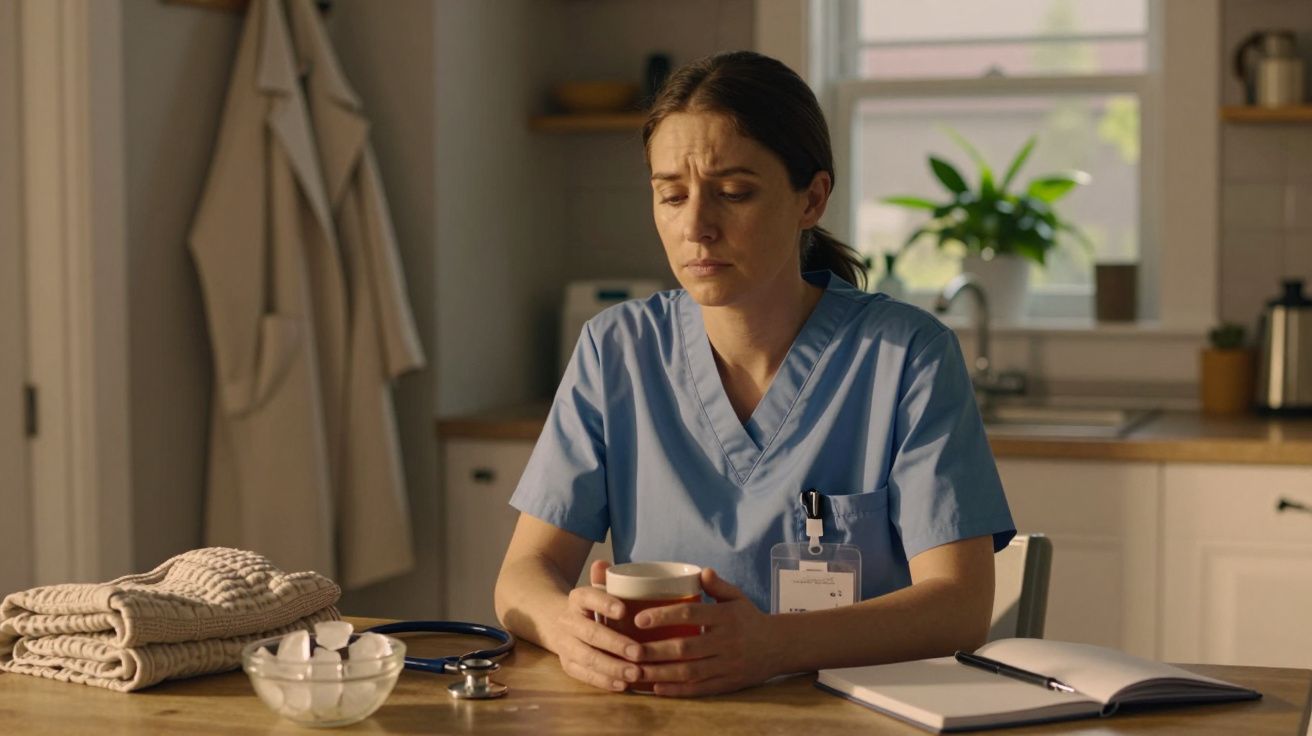 Nurse in blue scrubs sits at kitchen table, holding a mug, looking pensive, with open notebook and folded towels nearby.