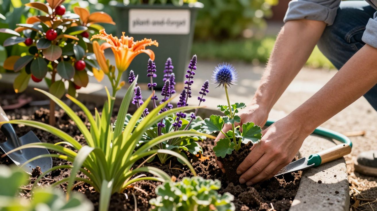 Person planting colourful flowers in a garden bed, surrounded by soil and gardening tools on a sunny day.
