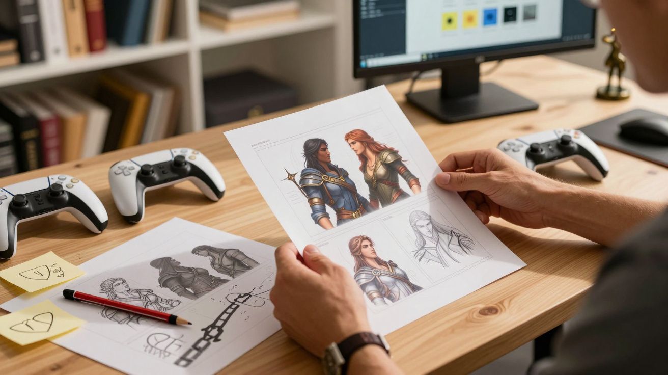 Person reviewing character designs at a desk with controllers, papers, and a computer monitor.