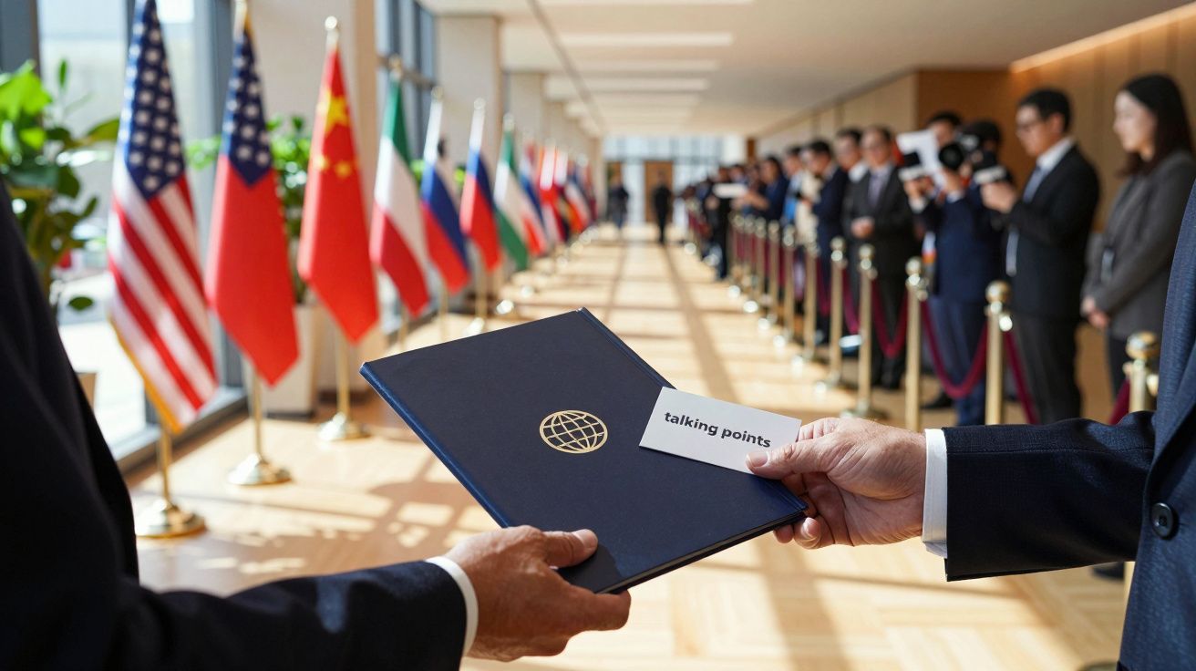Two people exchanging a folder and notes in a conference setting with various national flags in the background.