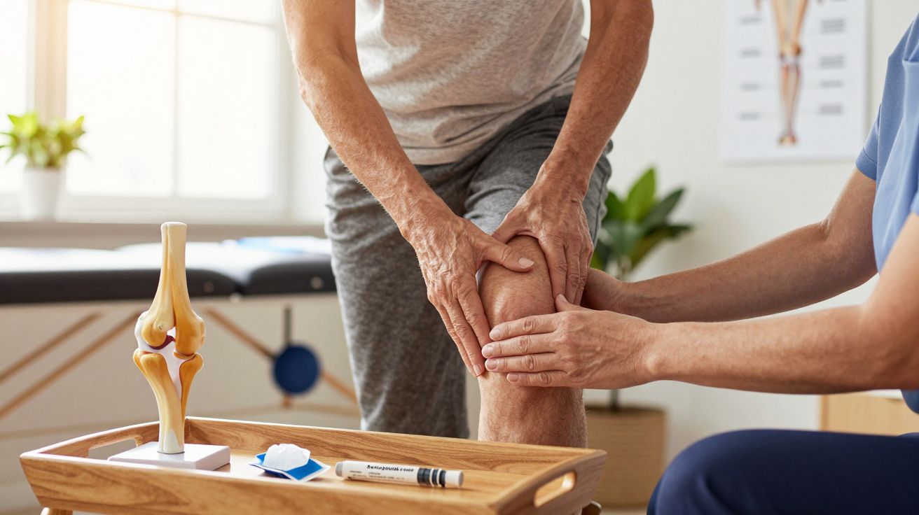 Physiotherapist examining a patient's knee in a clinic with a knee joint model on a nearby table.