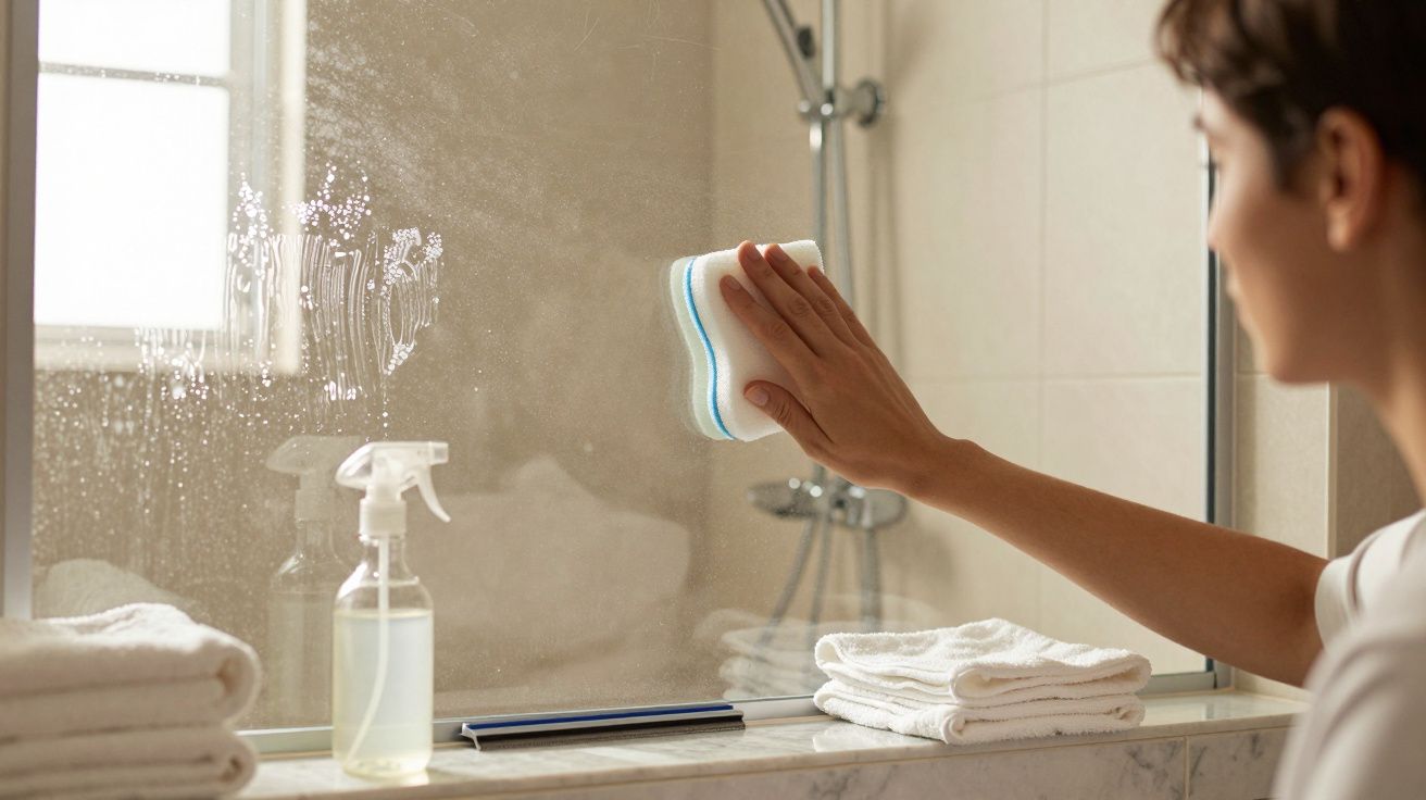 Person cleaning a foggy bathroom mirror with a sponge and spray bottle on the counter.