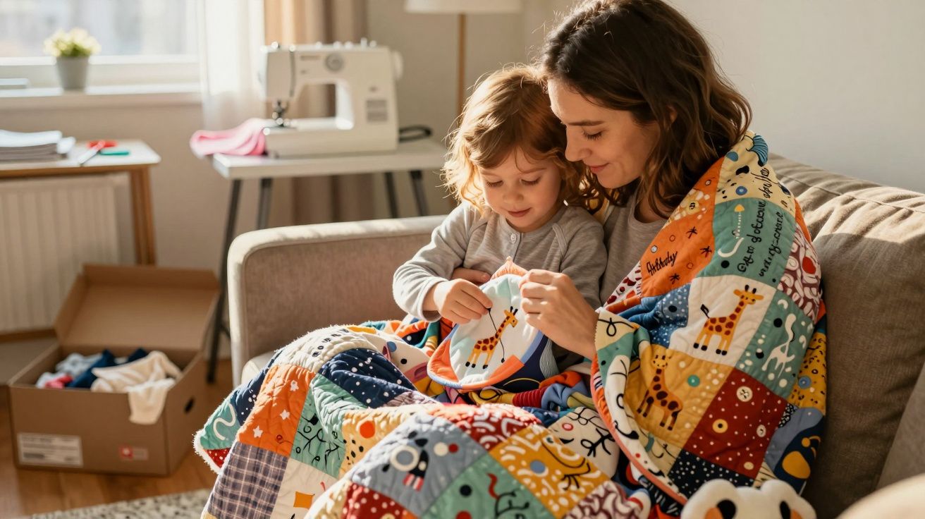 Mother and child sewing a giraffe patch together, wrapped in a colourful patchwork quilt on a sofa.