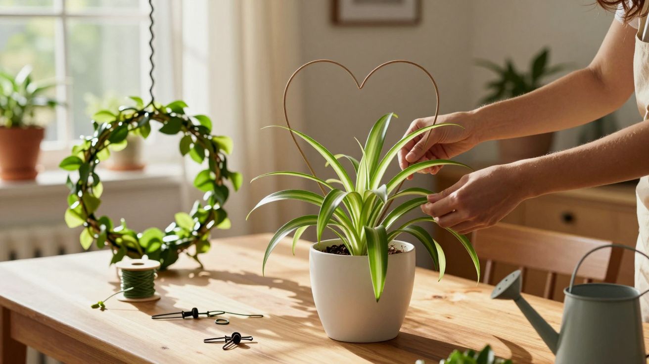 Hands arranging a spider plant in a white pot on a wooden table with gardening tools and a watering can nearby.
