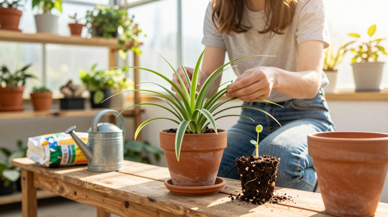 Person in casual clothes repotting a green houseplant on a wooden table with gardening tools nearby.