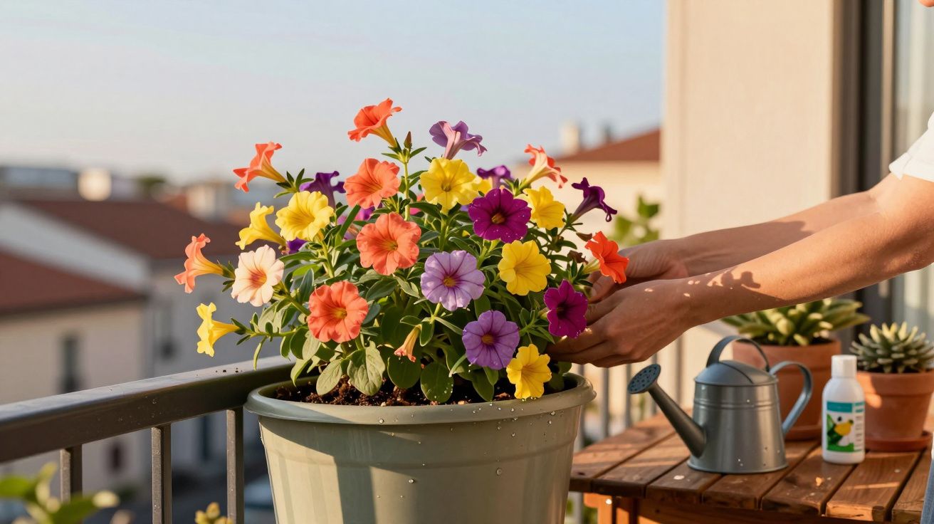 Hands tending to a colourful flowering plant in a pot on a balcony with a watering can nearby.