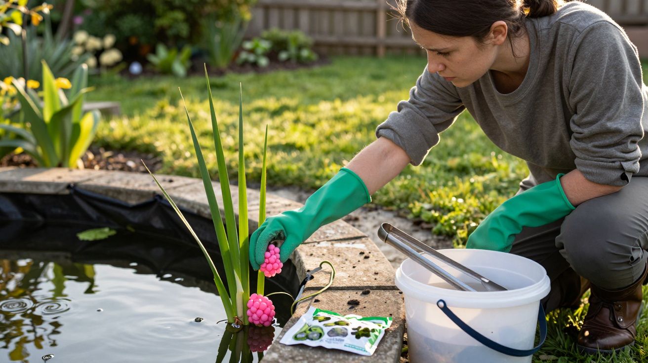 Woman wearing green gloves placing pink pond plant fertiliser spikes near water plants by a garden pond.