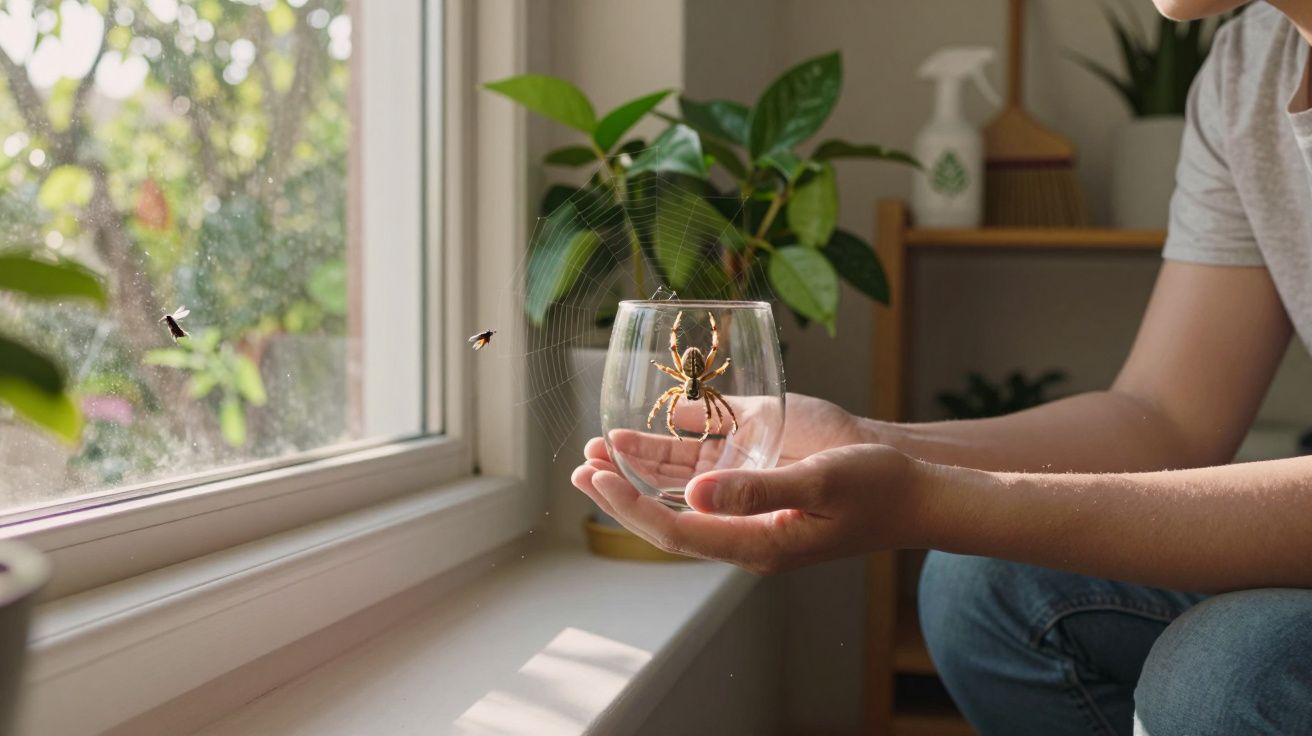 Person holding a glass with a large spider inside near a window and a spider web with flying insects nearby.