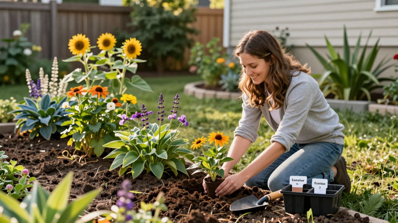 Woman planting flowers in a garden bed with a spade and plant markers on a sunny day