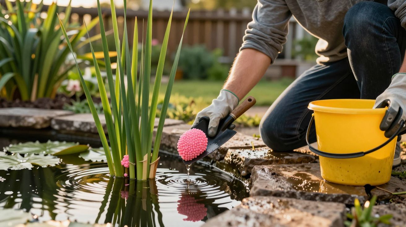 Person wearing gloves removing pink pond snail eggs from aquatic plants near a pond with a yellow bucket nearby.