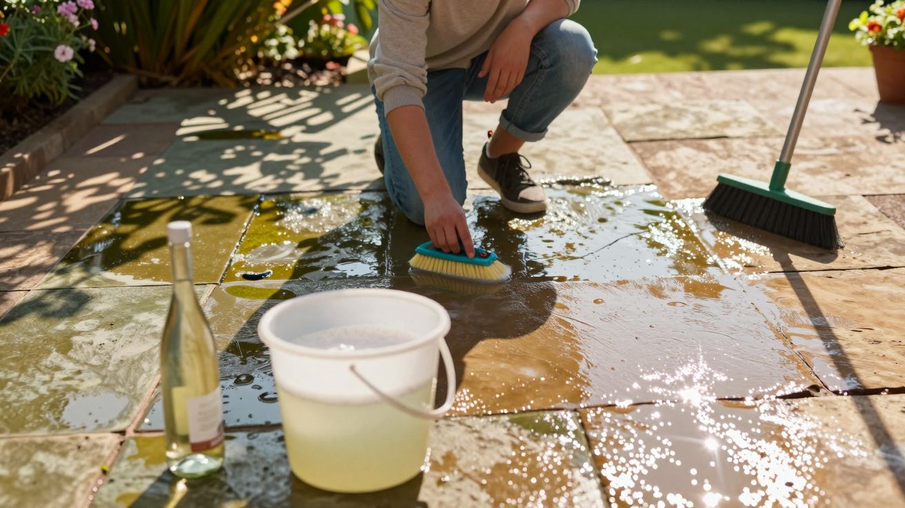 Person scrubbing a wet stone patio with a brush beside a bucket and a bottle in a sunny garden.