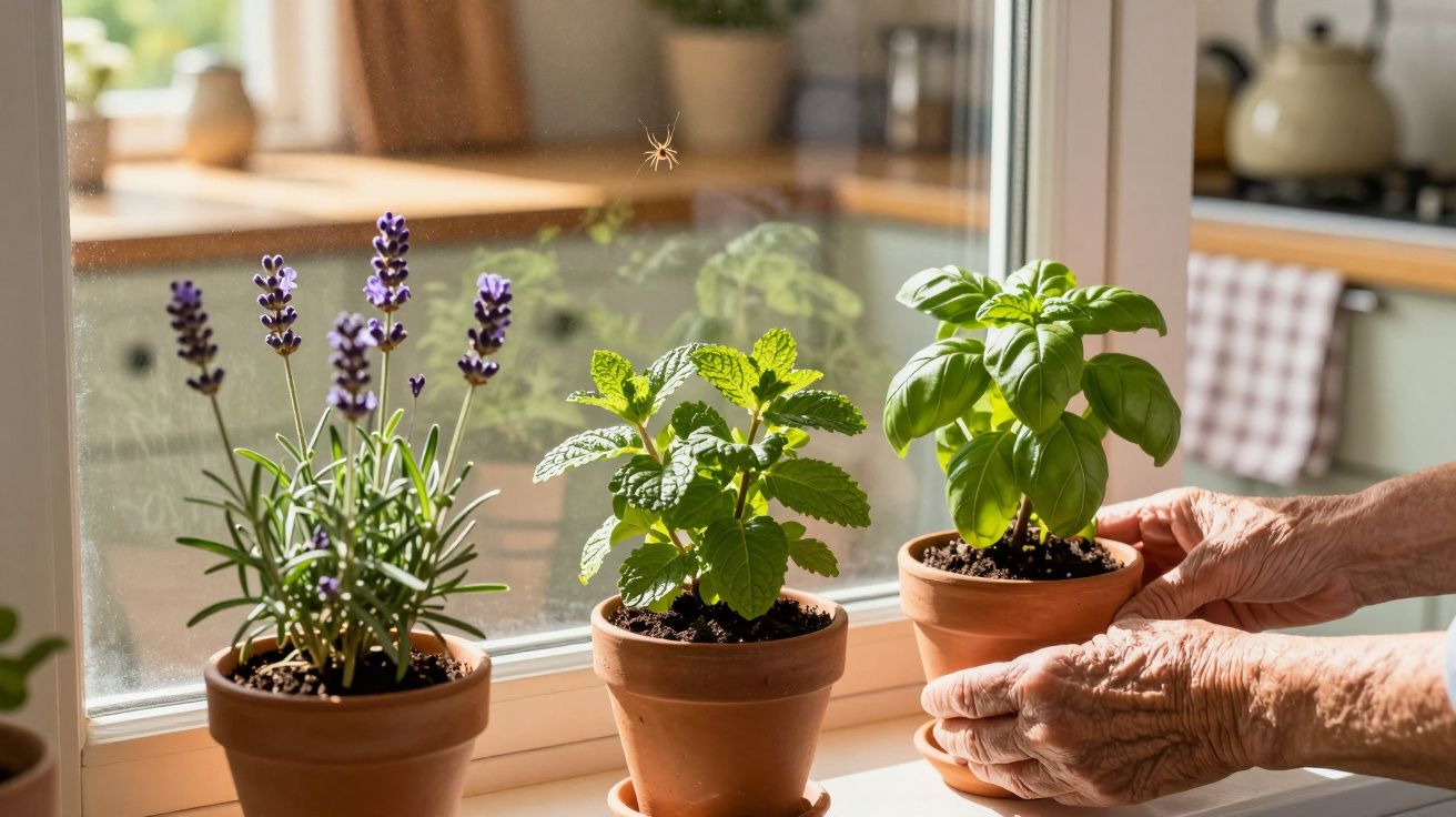 Three potted herbs on a sunny windowsill with a small spider hanging in the air nearby.