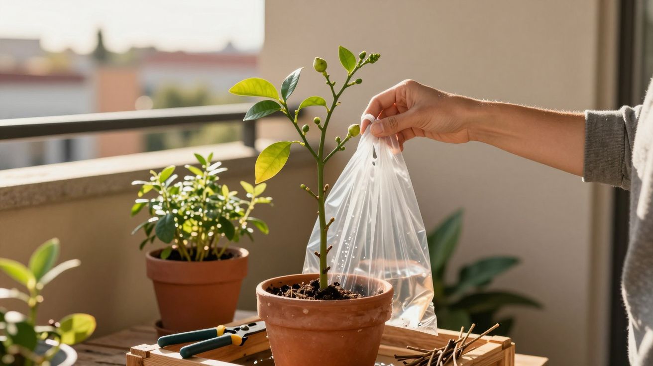 Hand holding a plastic bag watering a small plant in a terracotta pot on a balcony garden table.