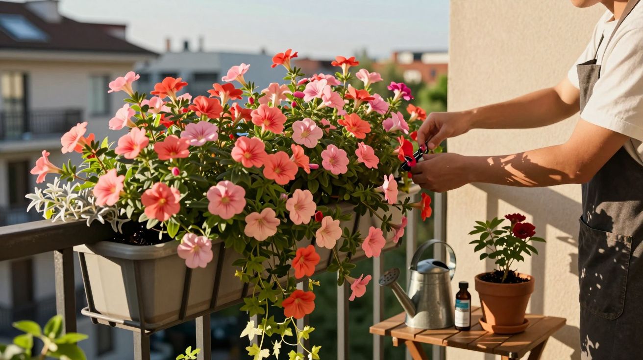 Person tending to vibrant pink and red flowers on a balcony with gardening tools and plants nearby