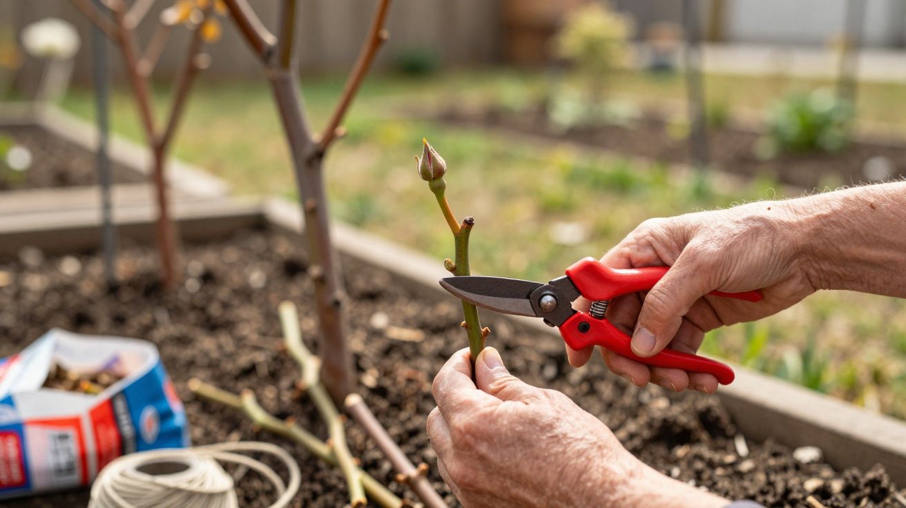 Hands pruning a small rose stem with red-handled shears in a garden bed.