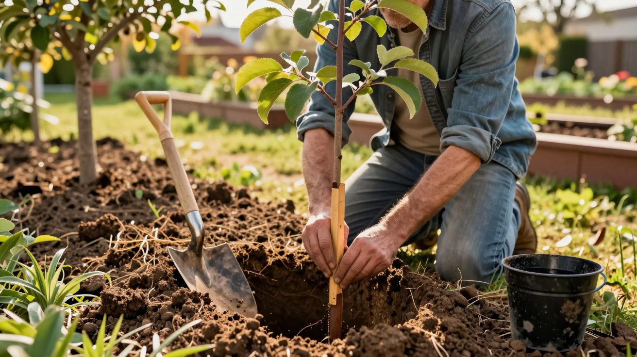 Person planting a young tree in soil with a shovel and a black bucket nearby in a garden.