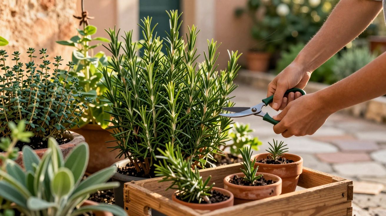 Hands pruning rosemary plant with garden scissors among various potted herbs on a sunlit patio.
