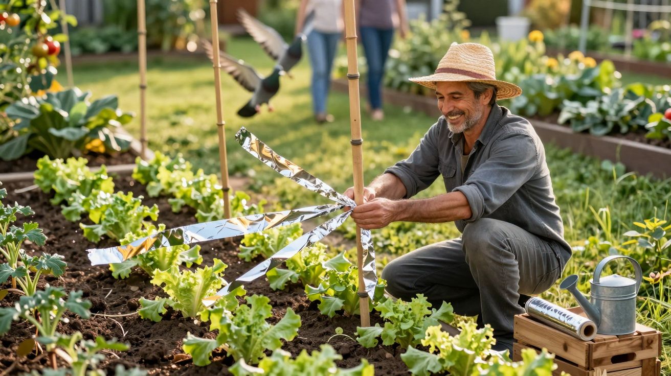 Man in a straw hat attaching shiny ribbons to a garden stake among rows of lettuce in a vegetable garden.