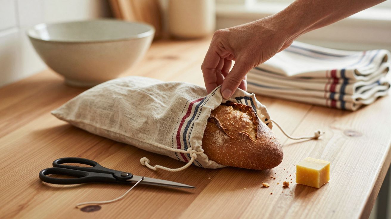 Hand pulling a crusty loaf of bread from a striped cloth bag on a wooden table with scissors and cheese.